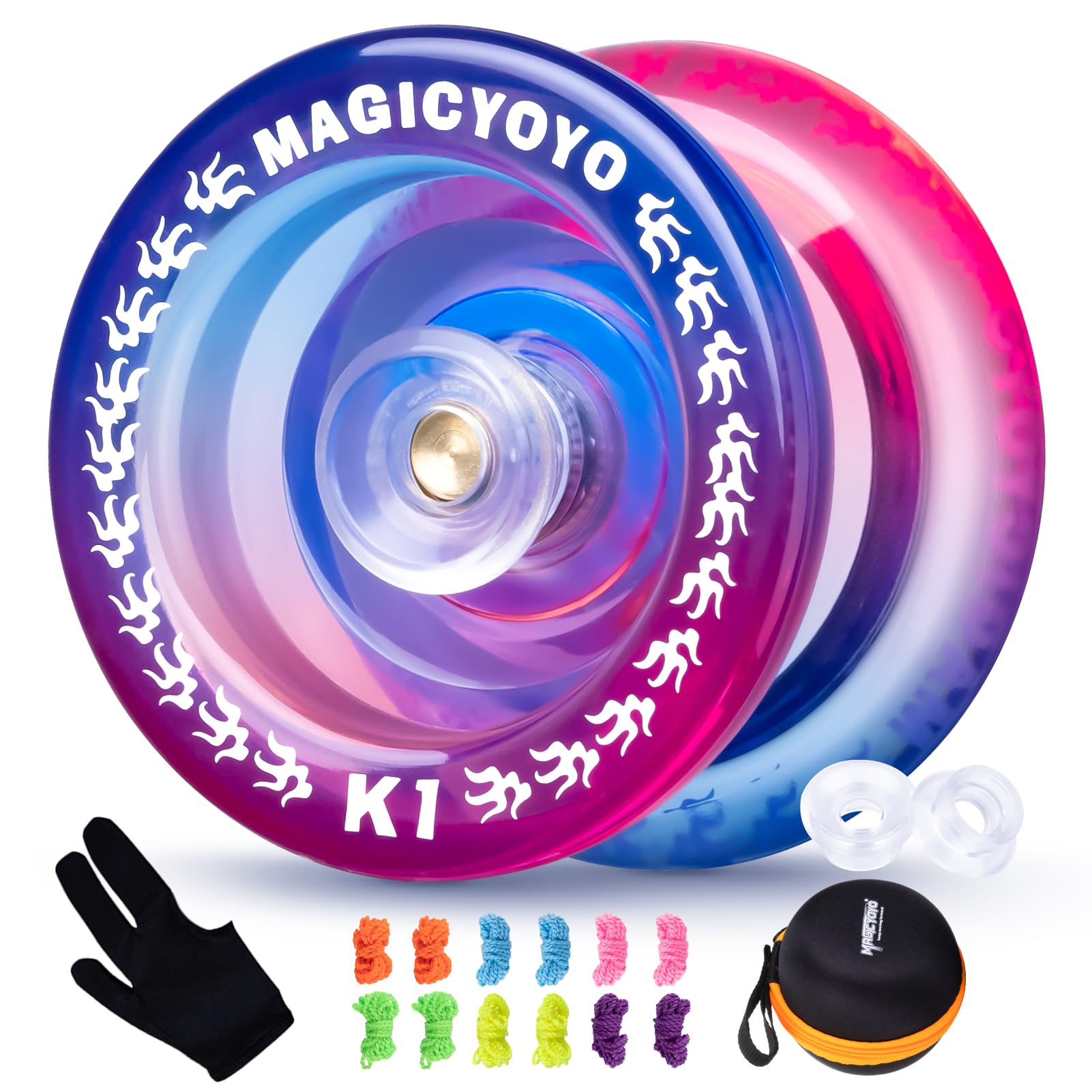 YOSTAR K1 Responsive Yoyo, Tug-Return Trick Yoyo for Kids & Beginners, Plastic Yo Yo Easy to Play, Yo-yo Toy for Boys & Girls, with 12 Strings, Glove, Case, 2 Hubstacks (Blue Pink)