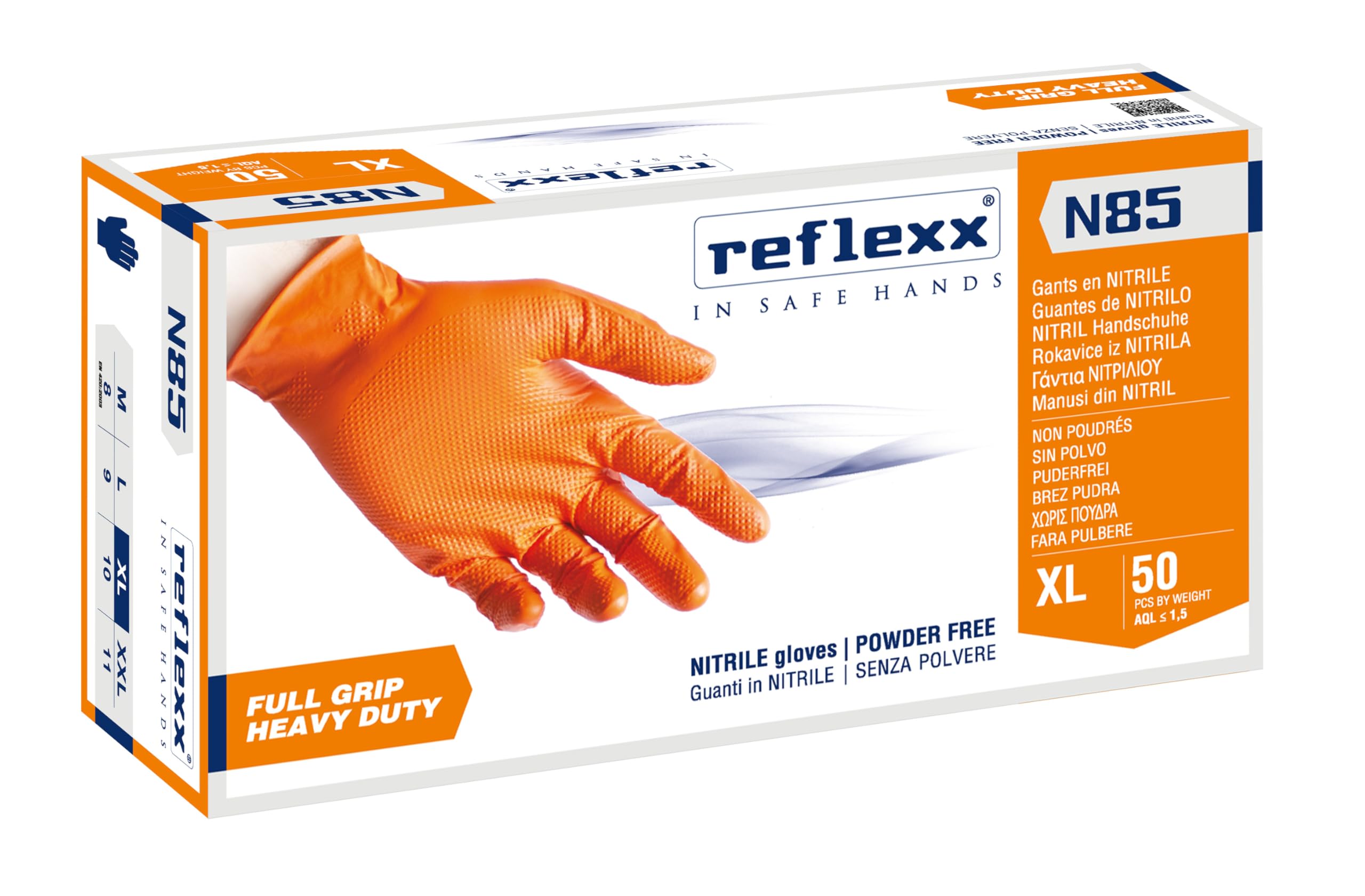 Reflexx N85 FULL GRIP Nitrile Gloves | HEAVY DUTY, XL, Reflexx N85/XL, guanti in nitrile FULL GRIP | HEAVY DUTY, 50