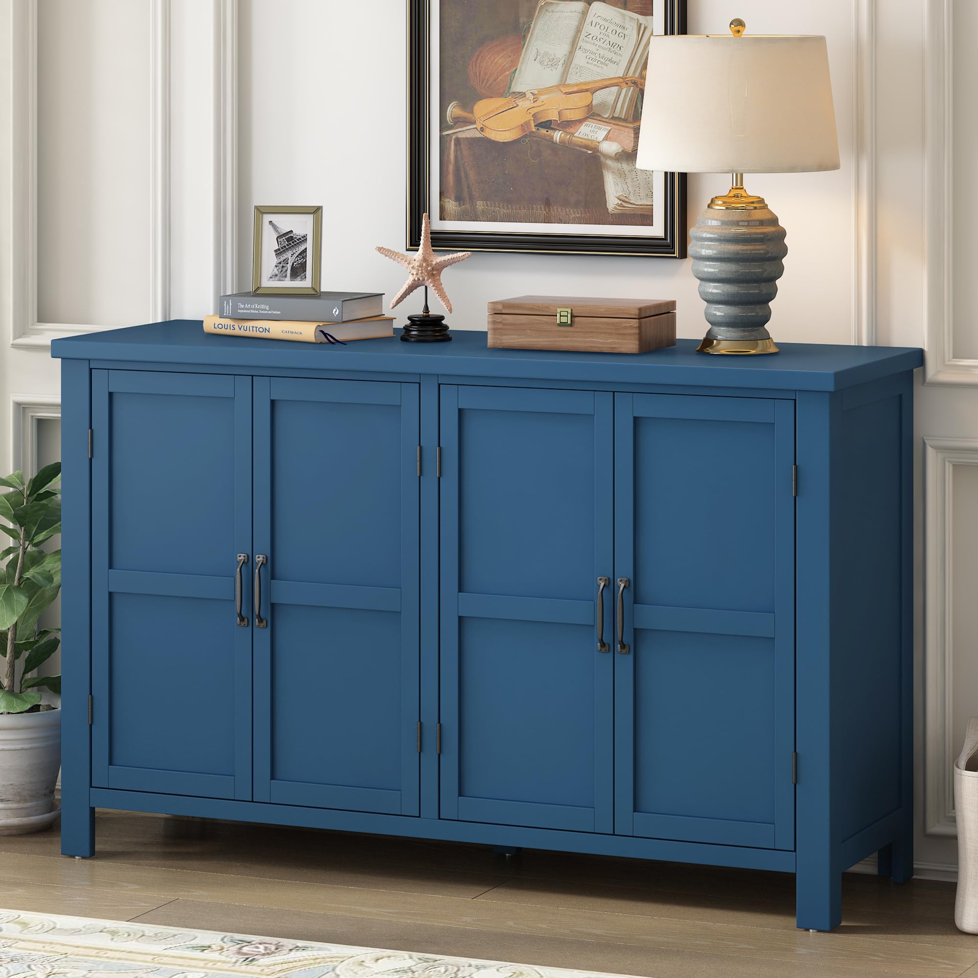 Photo 1 of ***Missing countertop****Ball & Cast 51" Farmhouse 4-Doors Storage Sideboard Buffet Cabinet w/Adjustable Shelves & Retro Handle, Wooden Coffee Accent Cabinet Console Table for Entryway Kitchen Dining Living, Navy Blue