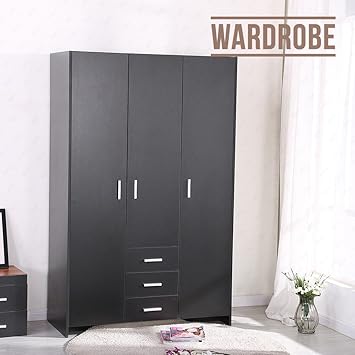 Mecor 3 Door 3 Drawers Black Wardrobe Bedroom Furniture Hanging