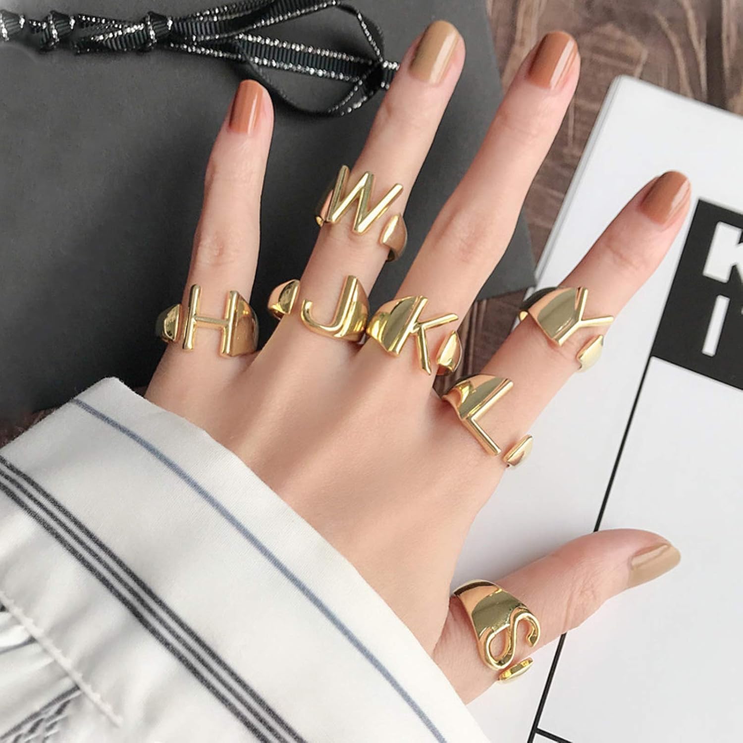 BTOYM Personalized 24K Gold Letter Rings for Women Men Stackable Initial Ring Statement Open Rings for Girl Alphabet Letter A to Z Resizable Knuckle Ring (with Gift Box) (Gold-A): Clothing