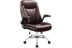 Shahoo Executive Office Chair, Ergonomic High Back with Adjustable Flip-up Armrest, Swivel Leather-Papped Seats with Lumbar Support, Brown