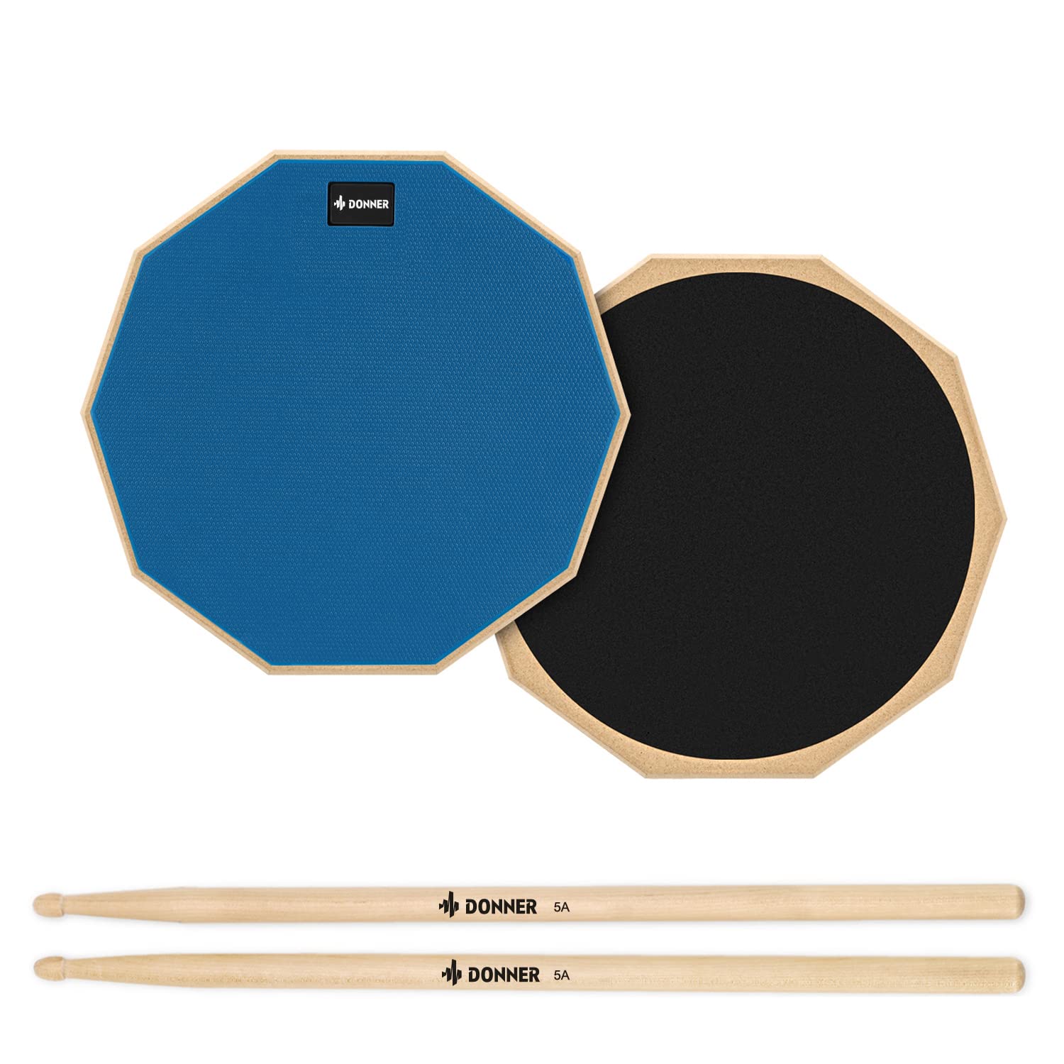 Donner 12 Inches Drum Practice Pad, 2-Sided Silent Rubber Practice Pad with Drum Sticks, Blue