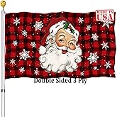 Merry Christmas Santa Claus Flag 3x5 Outdoor Double Sided- Xmas New Year Vacation Flags Banner Red Buffalo Plaid 3 Ply Heavy Duty for 4 Rows Stitched with 2 Brass Grommets