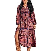 CUPSHE Women Fall Dresses Floral Long Sleeve V Neck Casual A Line Long Flowy Boho Smocked Maxi Dress