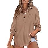 CARCOS Plus Size Tops for Women Waffle Knit Henley Shirts Long Sleeve Button V Neck Tunics Casual Solid Blouse with Pocket