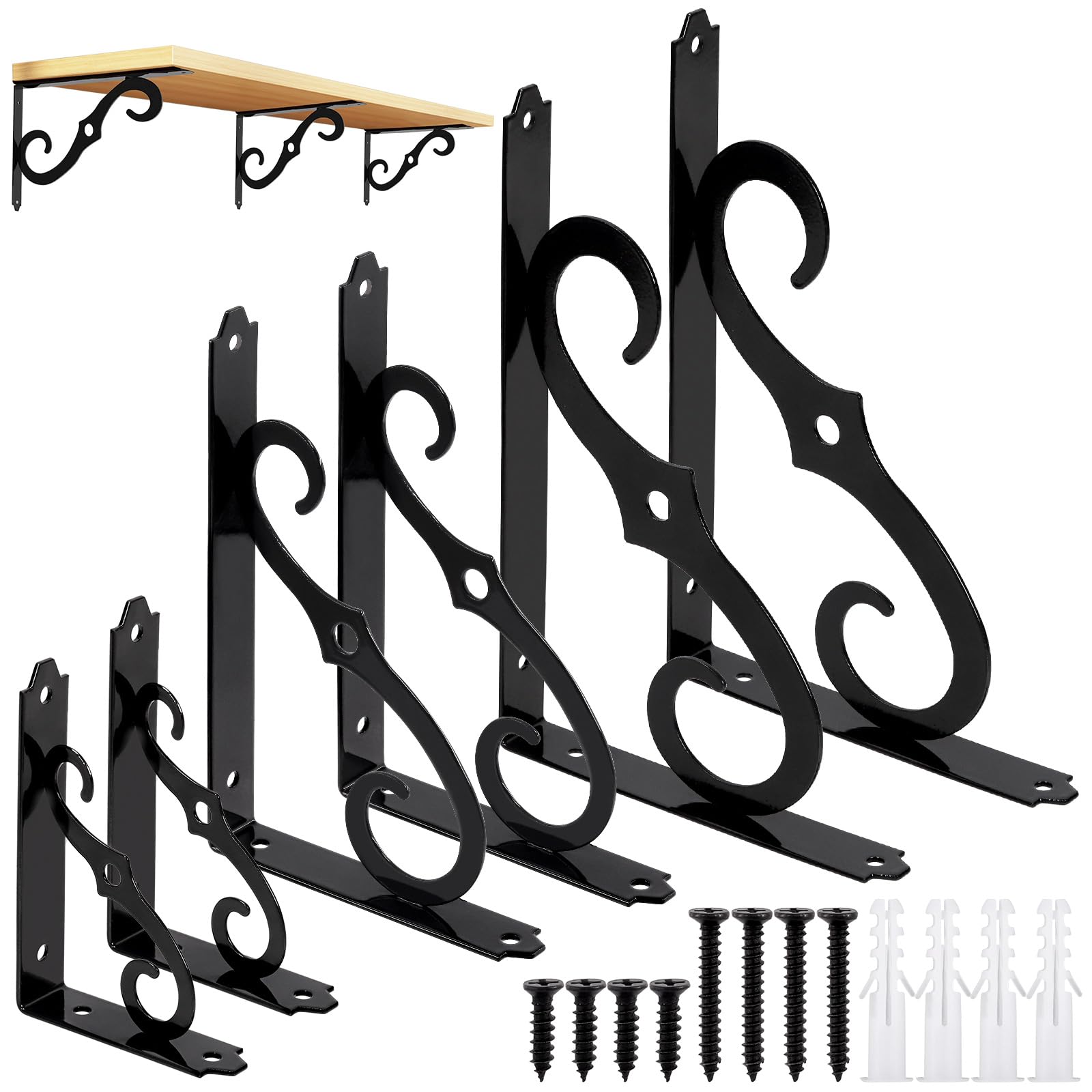 Mardatt 2Pcs 8" Decorative Shelf Brackets, Heavy Duty Wall Mounted Floating Shelf Bracket Triangle Shelf Brackets L Shape Metal Shelf Supporter with Screws Anchors for Home Office（Black