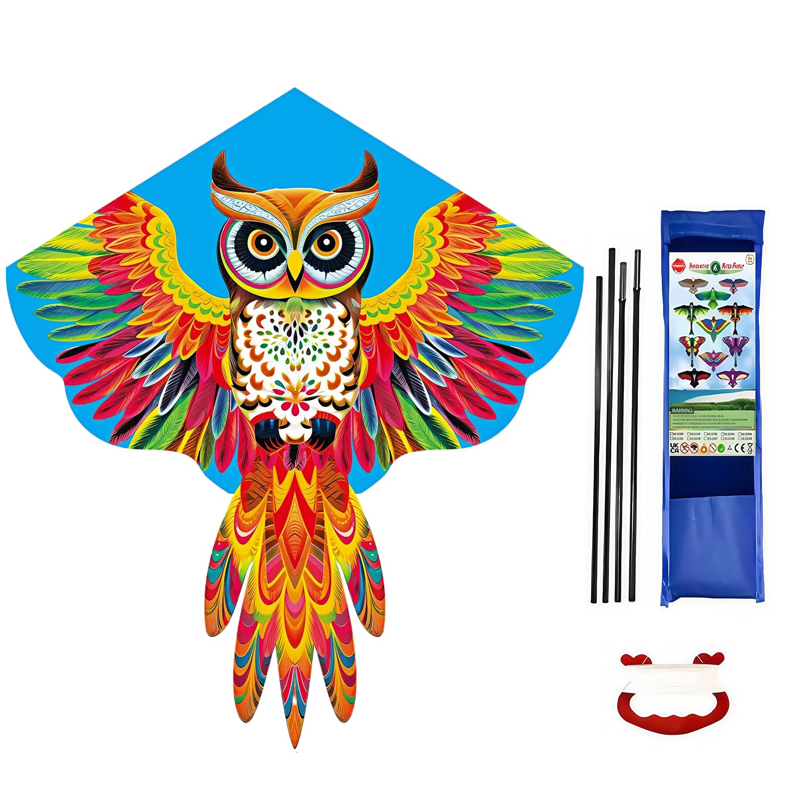 Vspek Large Owl Kite, 52x46inch Single Line Colorful Kite with Long Tail Beginner Beach with Winding Handle and 100m Line Outdoor for Audlts Park Games Activities β image 1