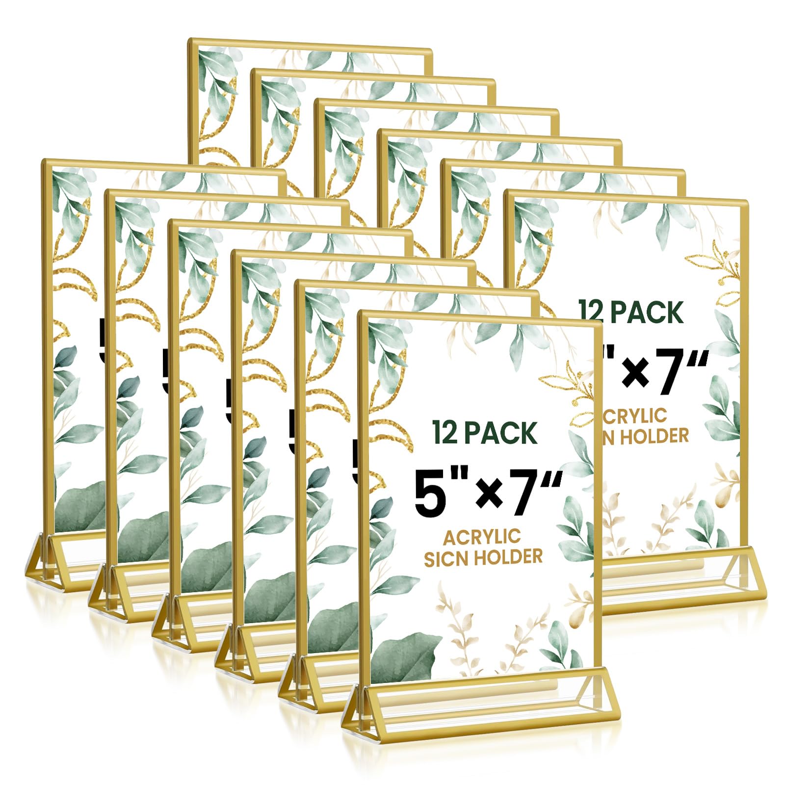 Photo 1 of 5x7 Gold Acrylic Sign Holder, 12 Pack Wedding Table Number Stands With Vertical Gold Borders, Double Sided Picture Frame Paper Stand, Clear Photo Display Menu for Party, Home, Restaurant