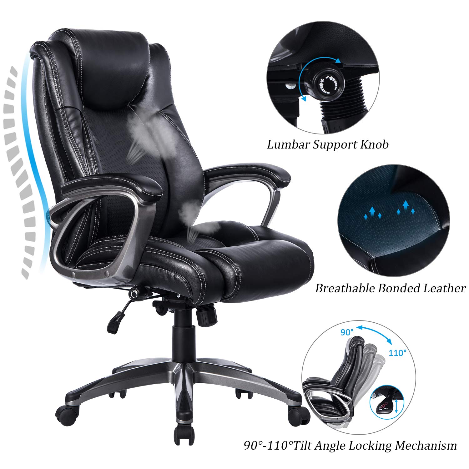 VANBOW Leather Memory Foam Office Chair - Adjustable Lumbar Support Knob and Tilt Angle High Back Executive Computer Desk Chair, Thick Padding for Comfort Ergonomic Design for Lumbar Support (Black.)