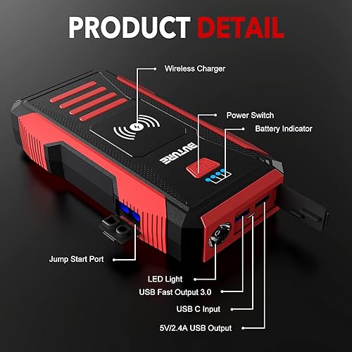 BUTURE 4000A Battery Jump Starter, 27000mAh 10W Wireless Car Jump
