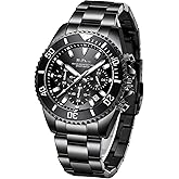 Mens Watches Chronograph Black Stainless Steel Waterproof Date Analog Quartz Watch Business Wrist Watches for Men