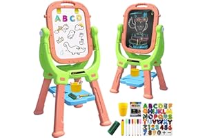 WEUDEAR Kids Easel, Kids Toys Rotatable Double Sided Chalk Board Adjustable Height Standing Toddler Easel with 79pcs Accessories Art Set, Pink