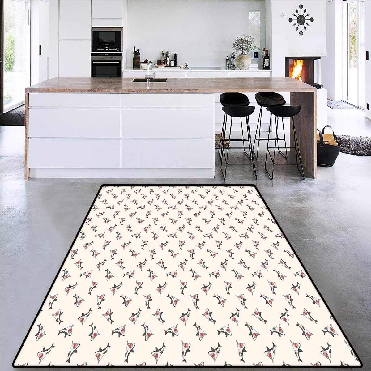 Shark, Girls Rooms Kids Rooms Nursery Decor Mats, Aggressive Hungry Sea Creatures with Open Mouth Hunting for Prey in Cartoon Style, Area Rug Entryway 6' x 7' Grey Red Cream