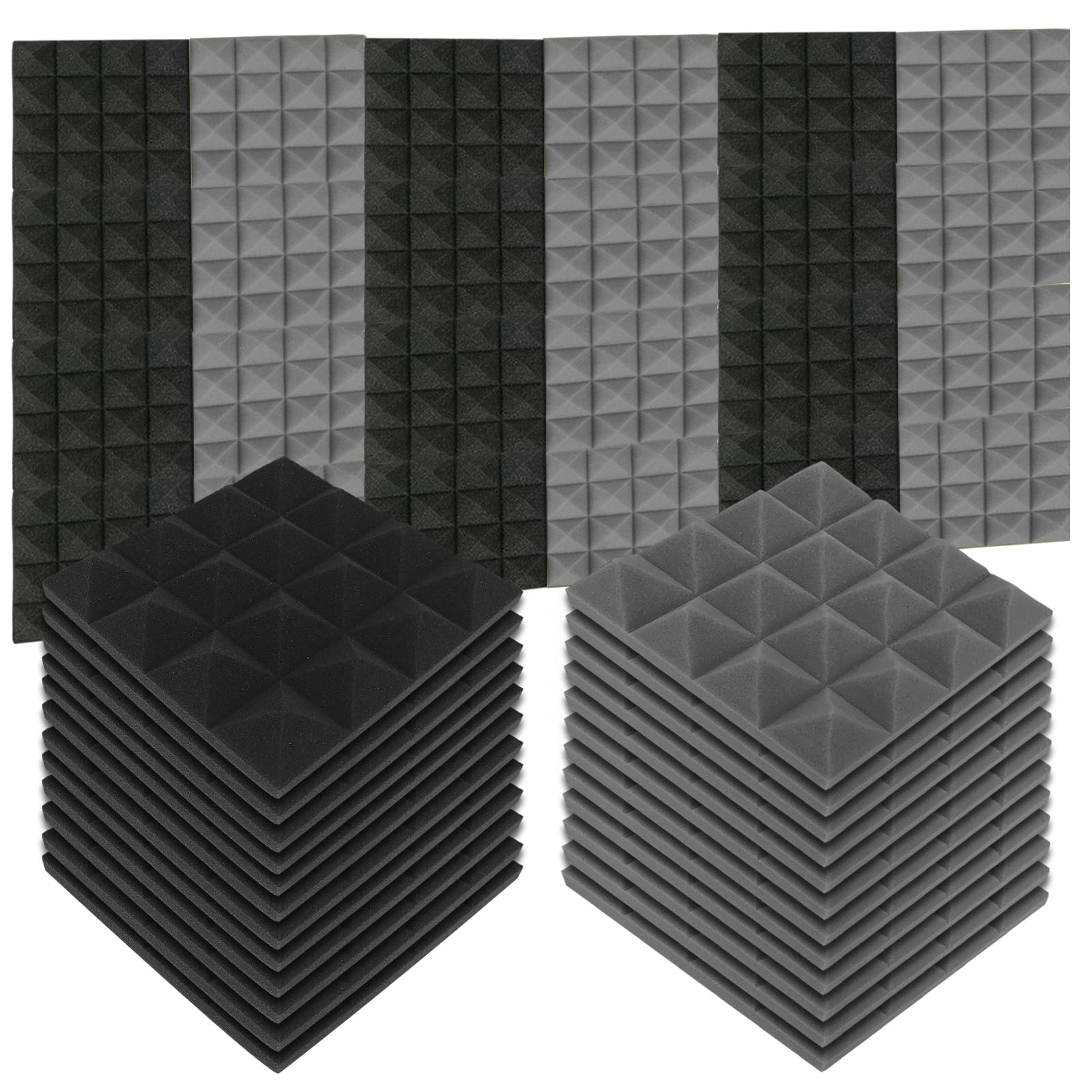24 Pack Set Acoustic Panels, 25 x 25 x 5cm Noise Absorption Acoustic Foam Panels, 5cm Thickness High Density Sound Proofing Panels for Studio, Cinema (12 Black+12 Grey)