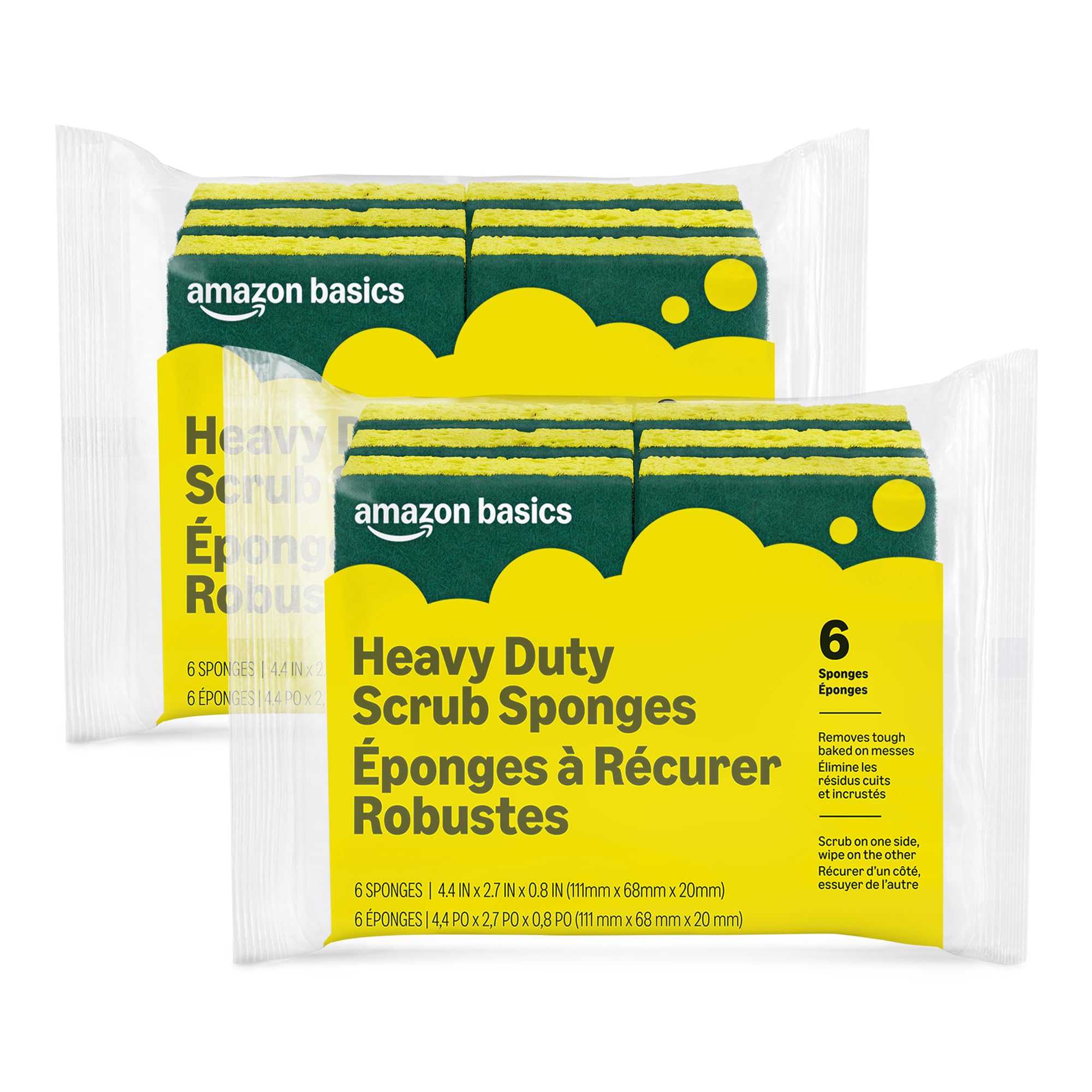 Amazon Basics Heavy Duty Dual-Sided Scrub Sponges, Reusable, 4.4 x 2.7 x 0.8 in, Yellow/Green, (Pack of 12)