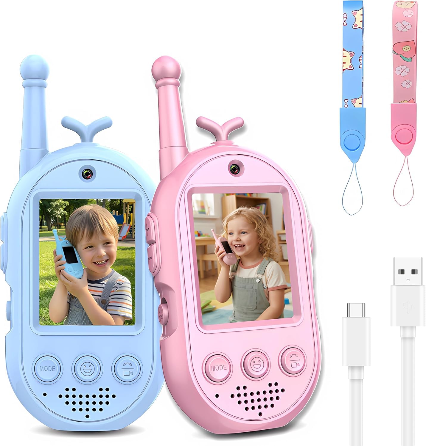 Video Walkie Talkies For Kids, Headband Emoji Function, 3 Voice Changing Switches, Hanging Rope Top-C Charging, Video Walkie Talkies (Blue+Pink, Suitable For Children Over 4 Years Old)