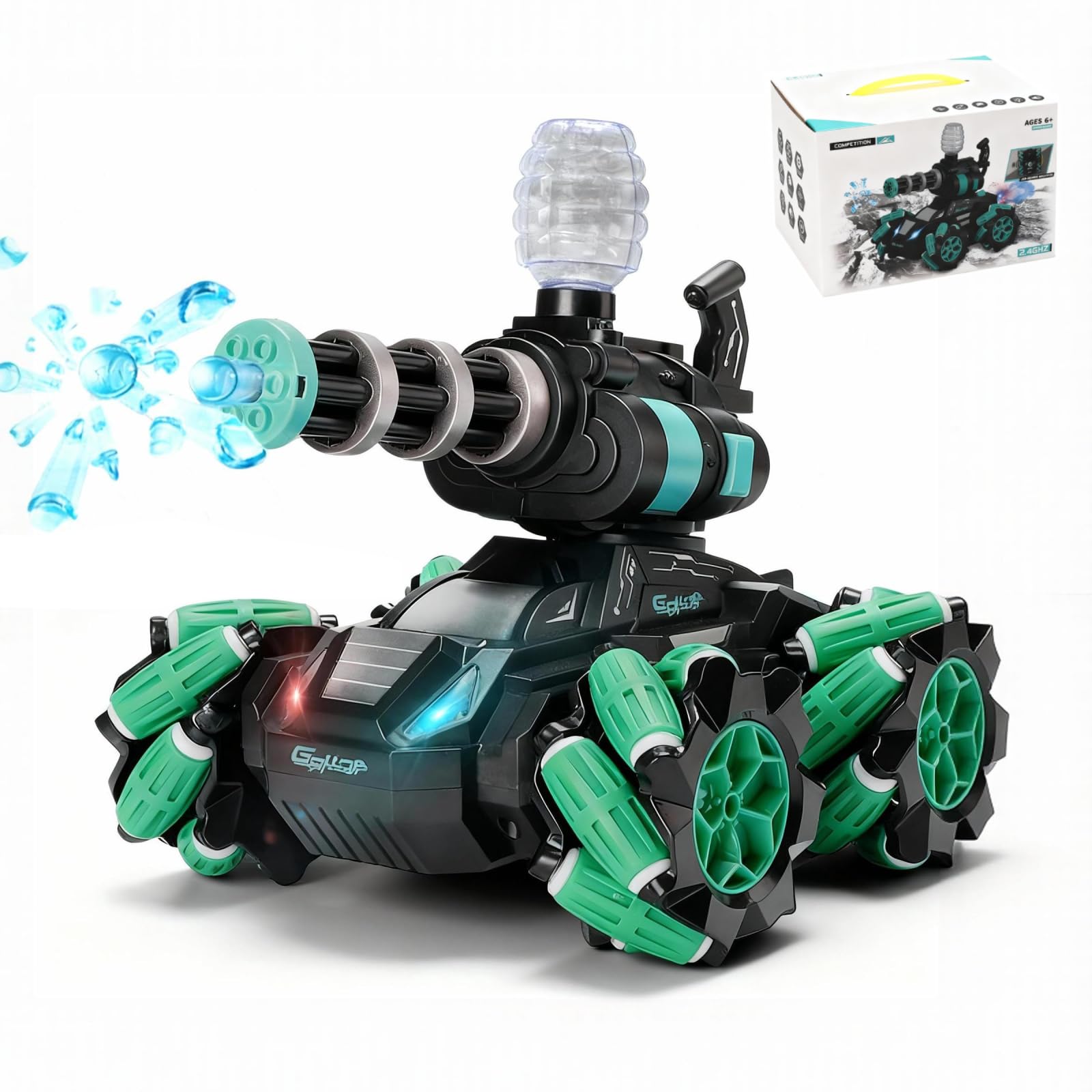 HomeBloom Remote Control Car, Water Shooting RC Tank Toy with 360° Rotation & LED Lights, 2.4GHz Controller Stunt Vehicle That Shoots Safe Water Bullets, Gift for Boys Age 6-12 Birthday Christmas