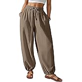 Bsubseach Womens Cotton Harem Pants Elastic Waist Baggy Pant Drawstring Balloon Trouser Loose Beach Pants with Pockets