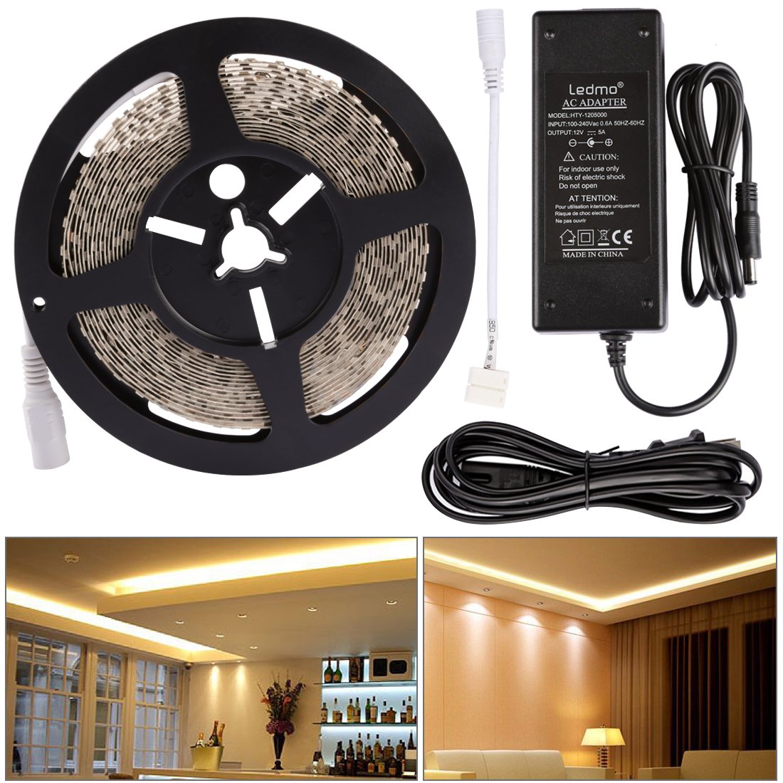 LEDMO LED Light Strip, 600 Units SMD2835 LEDs LED Tape, Warm White 3000K 16.4Ft LED Strip light+DC12V 5A Power Supply