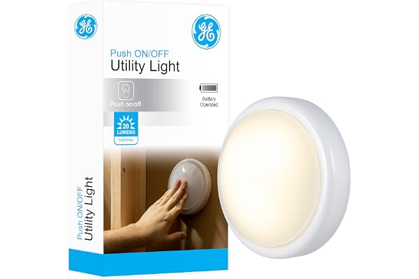 GE Round Tap Light, Battery Operated, White, Push On/Off, Wireless, Portable and Convenient, Perfect for Under Cabinets, Clos