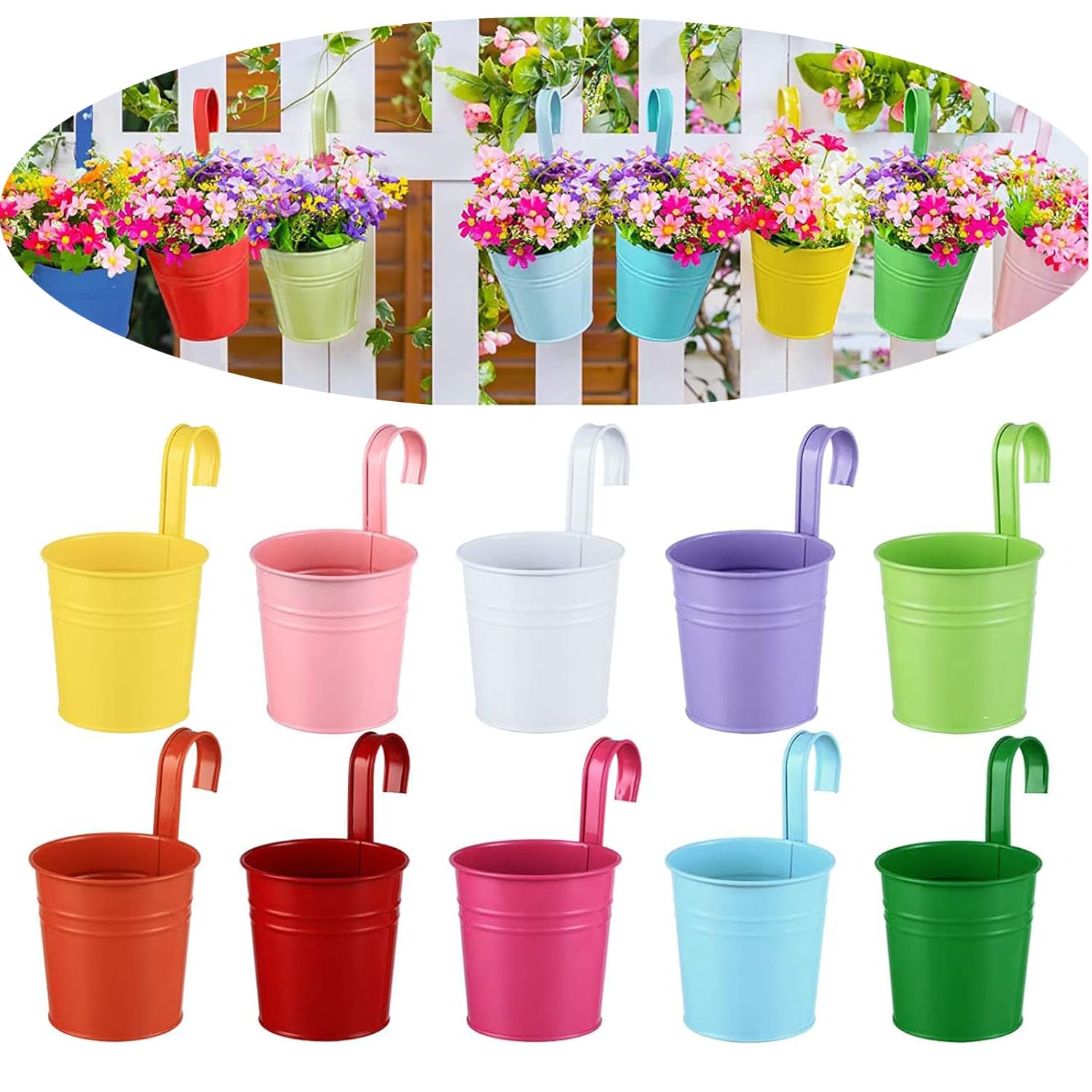 BSTMOME Metal Hanging Flower Pots with Detachable Hook Balcony Flower Bucket Wall Planter Holder Hanging Basket Garden Home Ornaments Home Decor (10 Colors)