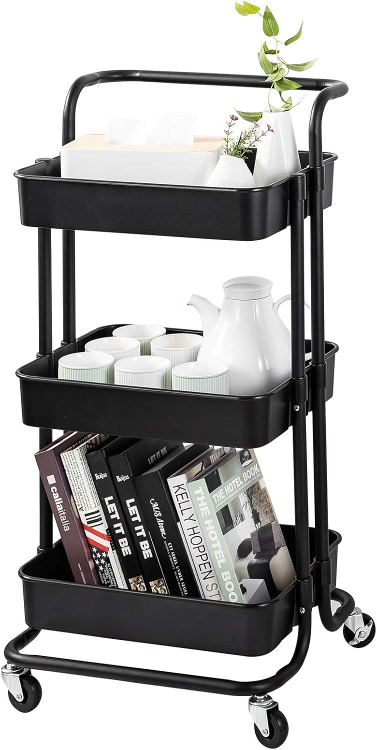 MAXCOOK 3-Tier Rolling Utility Cart, Storage Cart with Handle and Lockable Wheels for Office, Kitchen, Bedroom, Bathroom, Laundry Room & Dressers, Black: Furniture & Decor