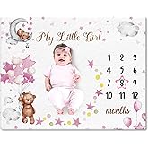 Mindsoft Sleeping Bear Monthly Baby Milestone Blanket Bear Star Balloon Flannel Blanket Boy Newborn Infant Swaddle Growth Chart Baby with Frame for Boys Girls Nursery (Pink)