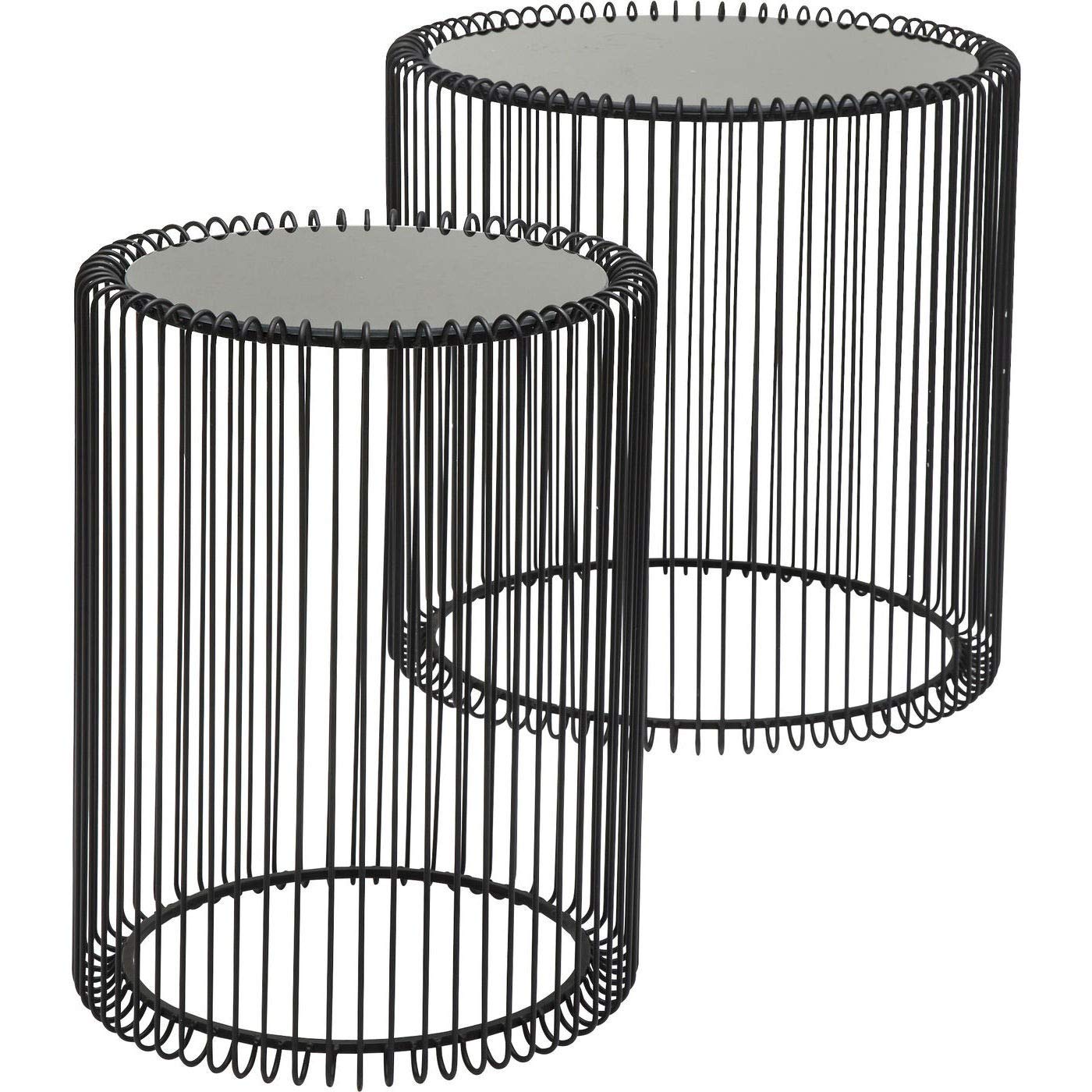 Kare Design Side Table Wire Black, Set of Two, Round, Diameter 44 cm, 33cm, Steel Rack, Safety Glass Tabletop, Modern Side Table for Living Room, Bedroom