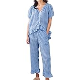 codcm Womens Gingham Pajama Set 2 Piece Short Sleeve Babydoll Shirt and Pants Lounge Set Cute Sleepwear