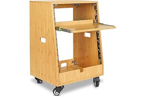 Sound Town DIY Solid Carbonized Bamboo Slanted 12U Studio Rack (4U Top + 8U Lower), with 2U Bottom Storage, Slide-Out Tray, Caster, For Recording Room, Home Studio (STBR-ST12T)