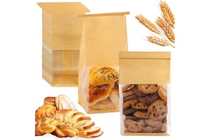 HONKID Bakery Bags with Window, 50 Pack 5.1x3.9x11 Inches Reusable Tin Tie Tab Lock for Sealed Freshness Waterproof and Oil Resistant Perfect for Breads Goodies Baked Goods Cookie Packaging