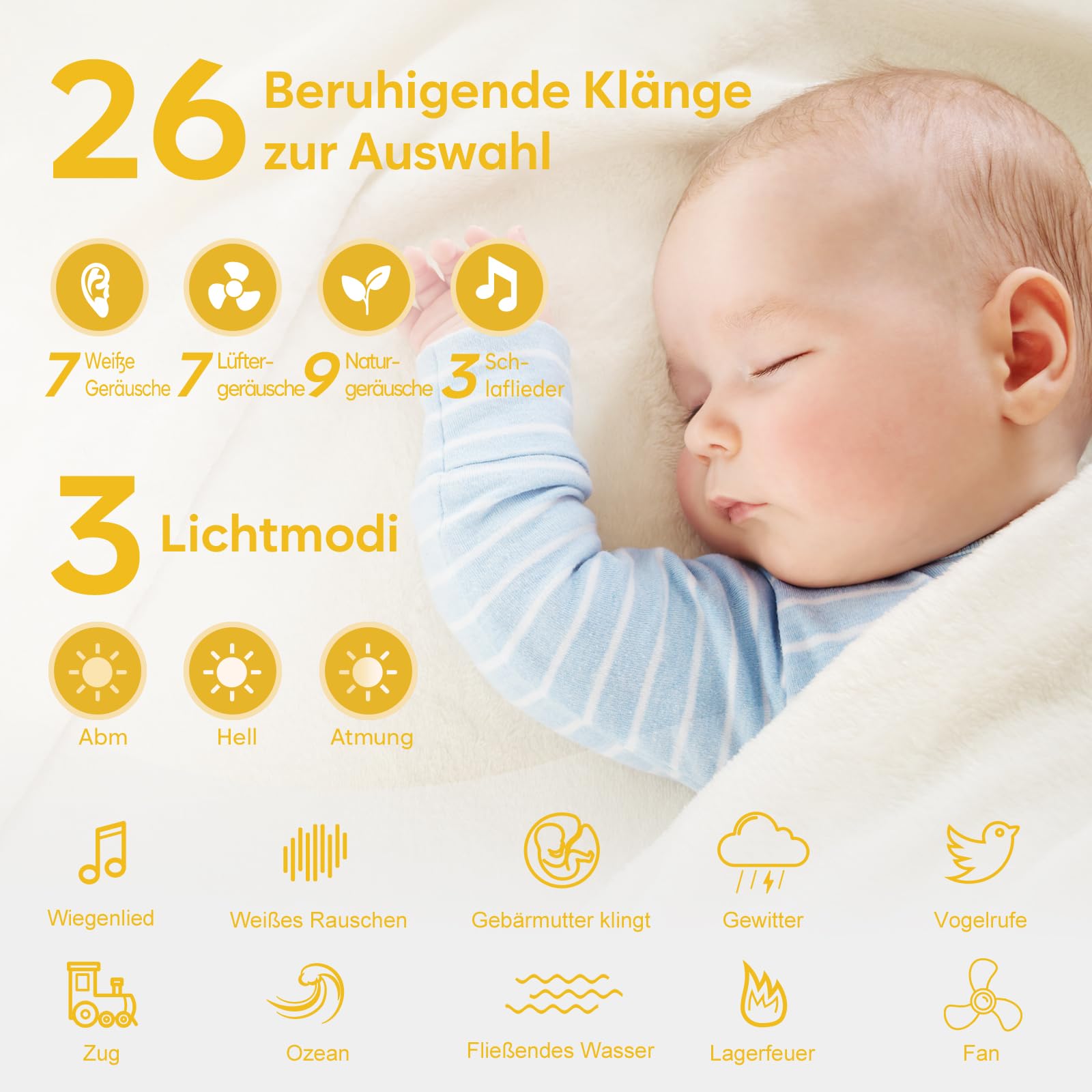 Easy@Home White Noise Machine: Tragbare Einschlafhilfe Babys mit weißem Rauschen | Nachtlicht | 26 Beruhigende Schlaflieder & Naturgeräusche | 3 Timer-Einstellungen | 7 Bunte Beleuchtung & USB 2