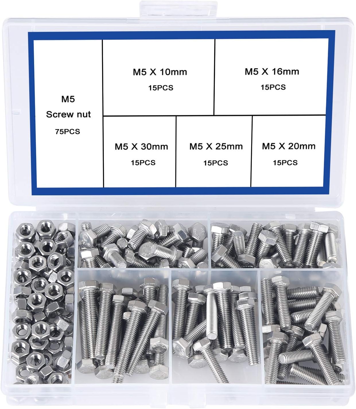 150pcs M5 Nuts and Bolts Set Outer Corner Hexagonal Screws 304 Stainless Steel Hex Bolt Set for Machinery Industry Furniture Toys DIY Fastener