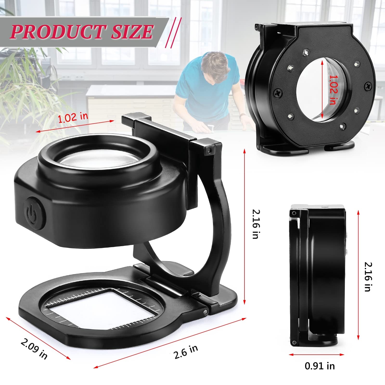 25X Loupe Magnifier with 6 Light, USB Rechargeable Three-Folding Desktop Portable Metal Eye Loupe Scale Sewing Magnifing Glass for Textile Optical Jewelry Tool Coins Currency