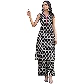 Janasya Indian Women's Black Casual Printed Kurta Set for Women
