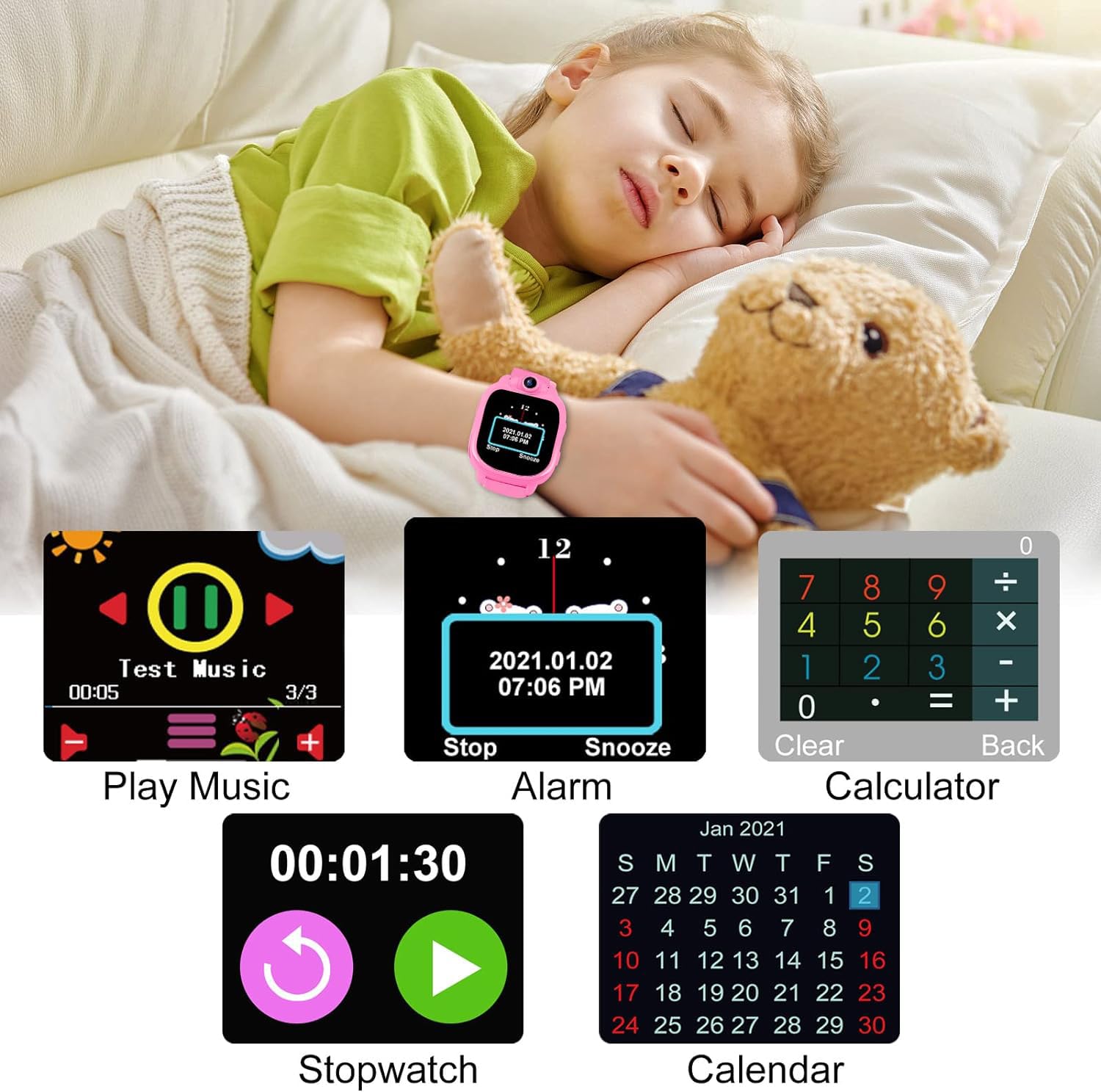 PROGRACE Kids Smart Watches with 90°Rotatable Camera Smartwatch Touch Screen Watch Music Pedometer Flashlight Games Alarm Clock Digital Wrist Gift for Boys Age 3-12 Years Old Boy Toys Blue, Pink