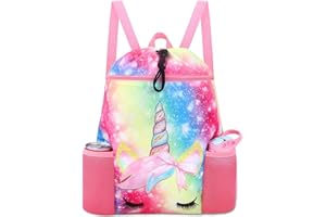 RHCPFOVR Unicorn Drawstring Backpack for Kids - Drawstring Bags for Girls Swim Bag for Beach Swimming Pool Lightweight Draw String Bags Waterproof Sports Gym Bag With Two Water Bottle Holder