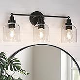 GEPOW Bathroom Wall Light Fixtures, 3-Light Black Vanity Light with Clear Glass Shade, Modern Farmhouse Wall Lamp Over Mirror