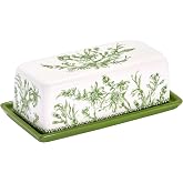 Bico Green Garden Toile Ceramic Butter Dish with Lid, Wide Butter Keeper | Fits East Coast, West Coast or European butter | lead-free ceramic | counter, fridge and holiday table | dishwasher safe