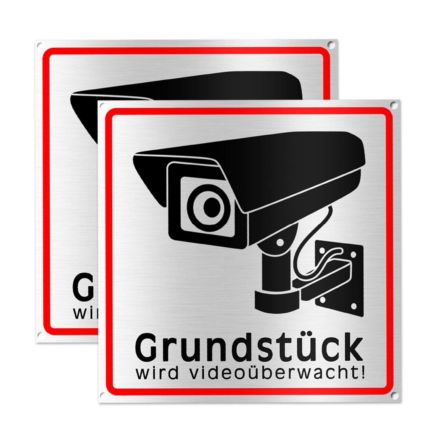 Warning Video Surveillance Sign - Warning Sign for Camera Surveillance - Brushed Aluminium - 15 x 15 cm (Metal) (Pack of 2)