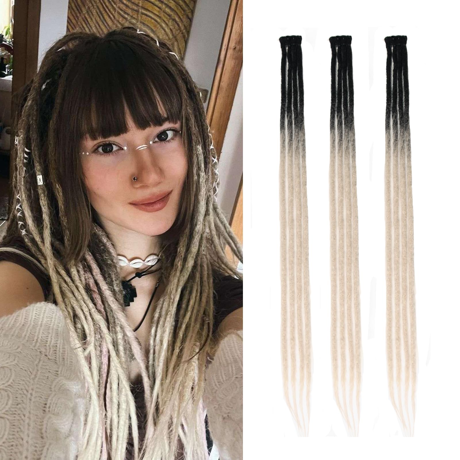 Dsoar Thin Dreadlock Extensions Clip In Dreads Handmade Dreads 3Pcs Crochet Loc Extensions 24 Inch/60 cm