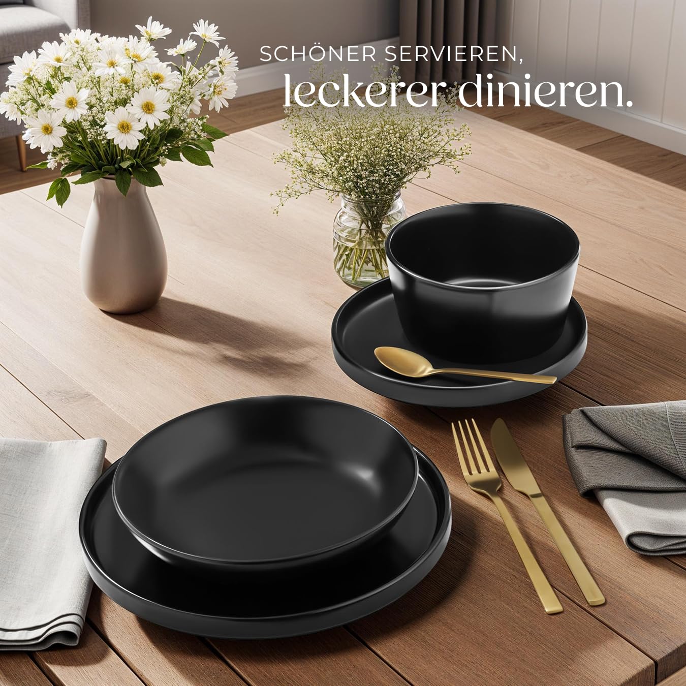 tectake® 24-tlg. Geschirrset, Tafelservice 6 Personen, Steingut Geschirr Set schwarz, Teller Set mit Schalen, Speiseteller, Frühstücksteller, tiefe Teller und Schüsseln - schwarz 8