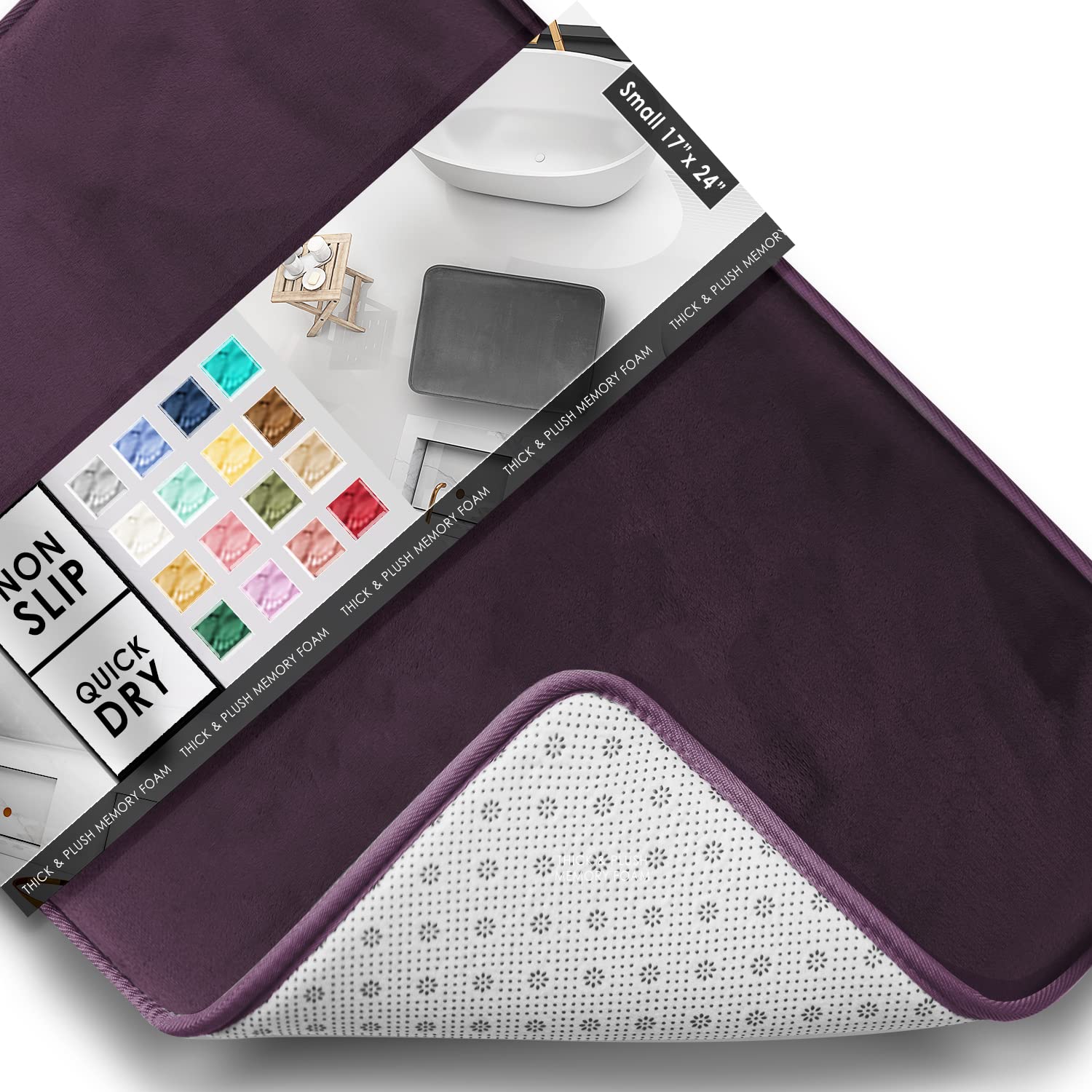 Clara Clark Bathroom Rugs, Velvet Memory Foam Bath Mat, Non-Slip, Machine Washable Bath Rugs - Dries Quickly, Ultra Soft Plush Bath Mats for Bathroom, 17 x 24, Dark Purple — image 1