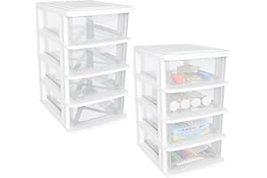 Mini Desktop White Storage Organizer Box Storage Container Case with 4 Clear Plastic Drawer Oragnizer for Arts and Crafts, Sm