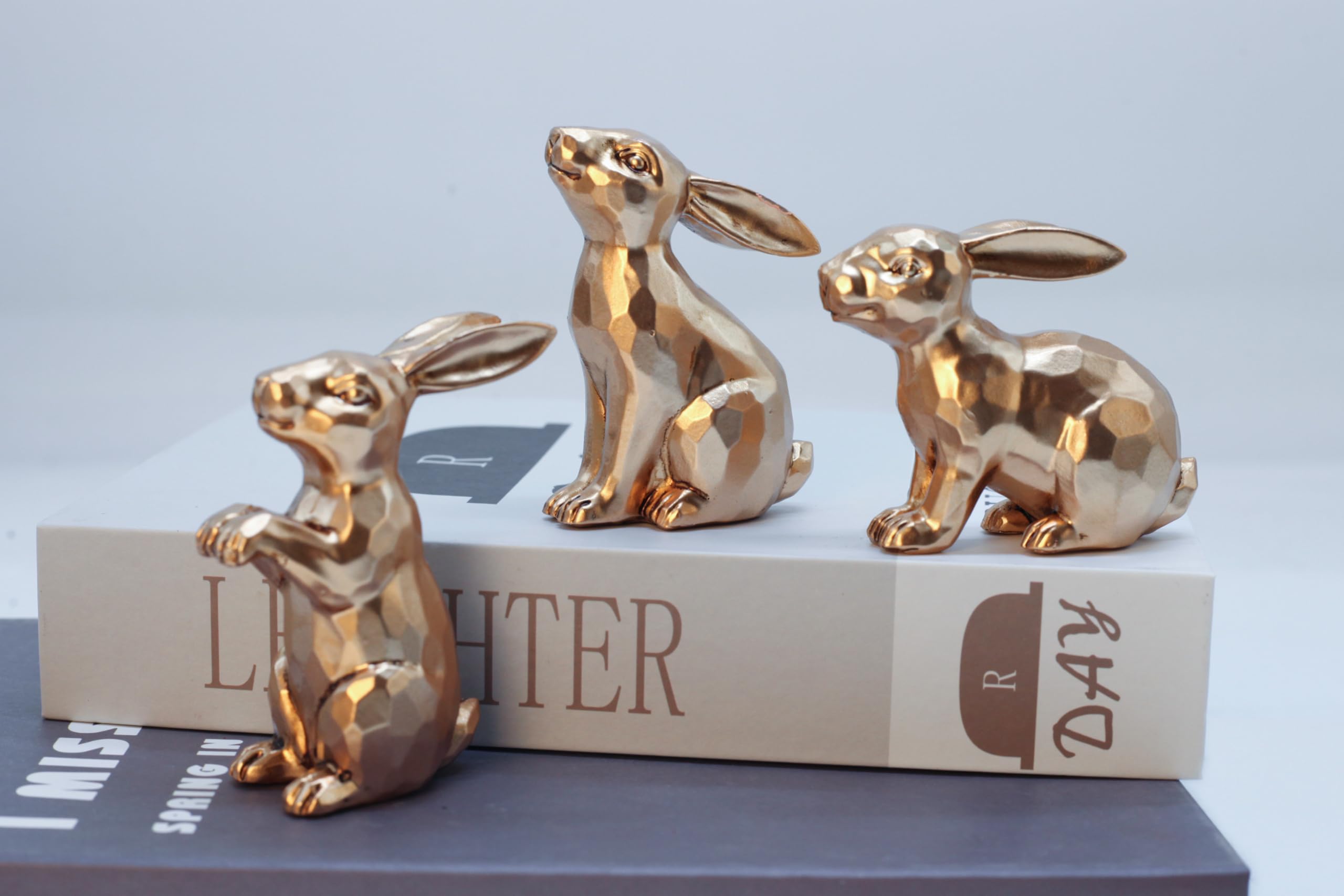 Photo 1 of JORAE Gold Bunny Statues Easter Rabbit Figurines Set of 3 Vintage Rabbit Statues Animal Home Décor Office Table Ornament, Champagne Gold, 3" H, Polyresin