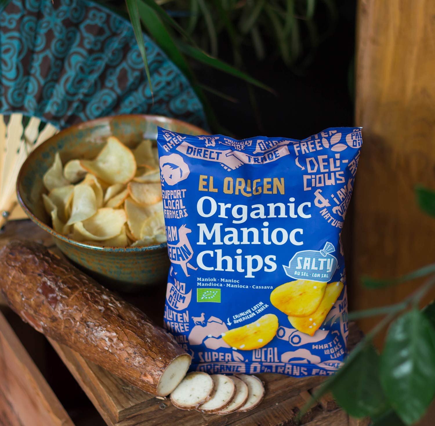 el origen Bio‑Maniok Chips mit Meersalz 8×60 g - vegan, glutenfrei, palmölfrei, direkt geerntet & produziert in Ecuador, extra crunchy, nur drei Zutaten: Maniok, Sonnenblumenöl 2