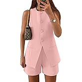 ZESICA Women's 2026 Summer 2 Piece Short Sets Sleeveless Crew Neck Suit Vest Tops High Waist Shorts Business Outfits