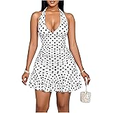MakeMeChic Women's Polka Dots Halter Dress V Neck Tie Back Ruched Tiered Ruffle Short Dresses