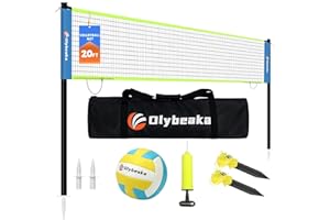 OLYBEAKA 20FT Outdoor Volleyball Net Set System for Backyard Beach with Anti-Sagging Net, Iron Adjustable Height Poles, Soft PU Volleyball and Pump, Carry Bag - Instant Set Up & Durable